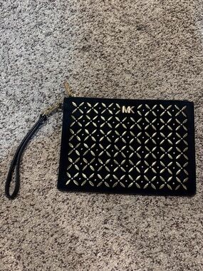 Michael Kors Black Wristlet Clutch with Gold Stud Accents